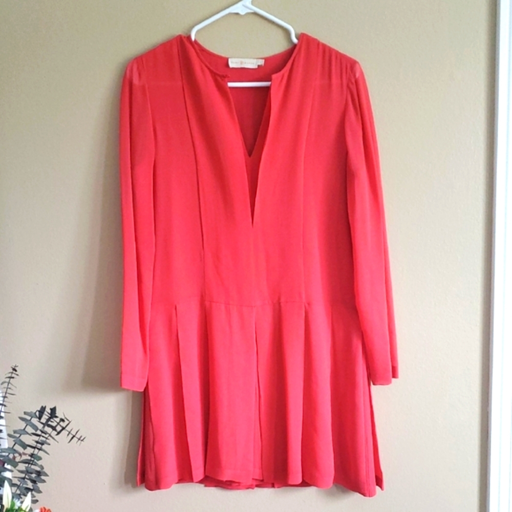 Tory Burch Vibrant Coral Color Long Sleeve Dress